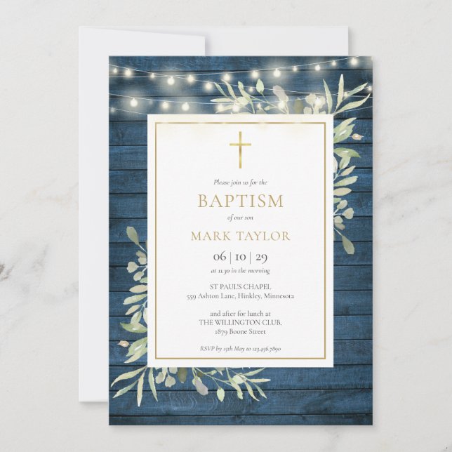 Invitación Blue Rustic Wood Green Baptism Christening (Anverso)