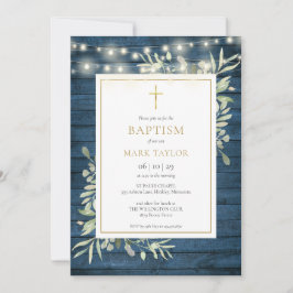 Invitación Blue Rustic Wood Green Baptism Christening