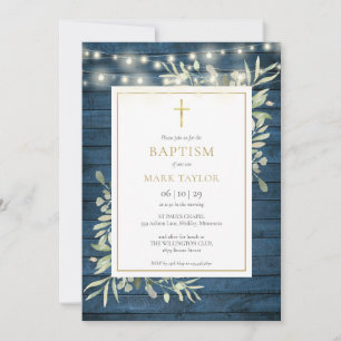 Invitación Blue Rustic Wood Green Baptism Christening