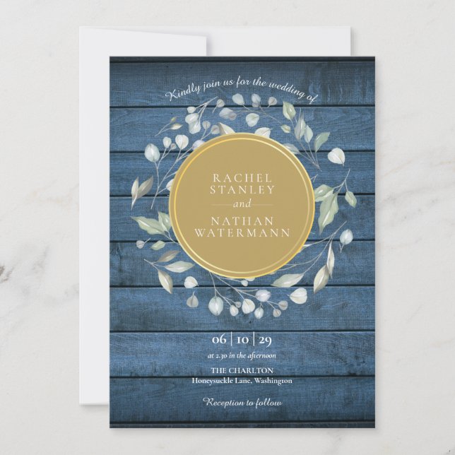 Invitación Blue Rustic Wood Laurel Garland Gold Boda (Anverso)