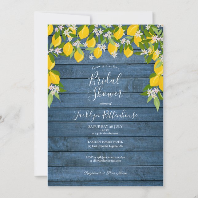 Invitación Blue Rustic Wood Lemon Greenery Bridal Shower (Anverso)