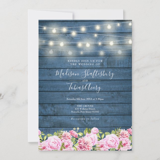 Invitación Blue Rustic Wood String ilumina a Boda floral (Anverso)