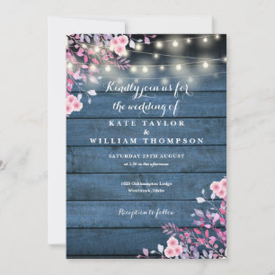 Invitación Blue Rustic Wood String ilumina a Boda floral