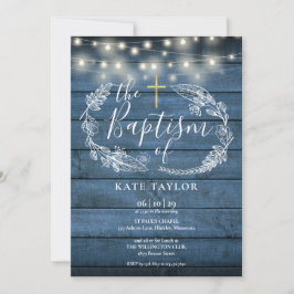 Invitación Blue Rustic Wood String ilumina bautismo de follaj