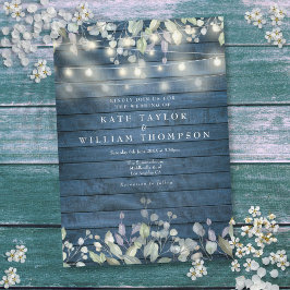 Invitación Blue Rustic Wood String ilumina el Boda de la vege