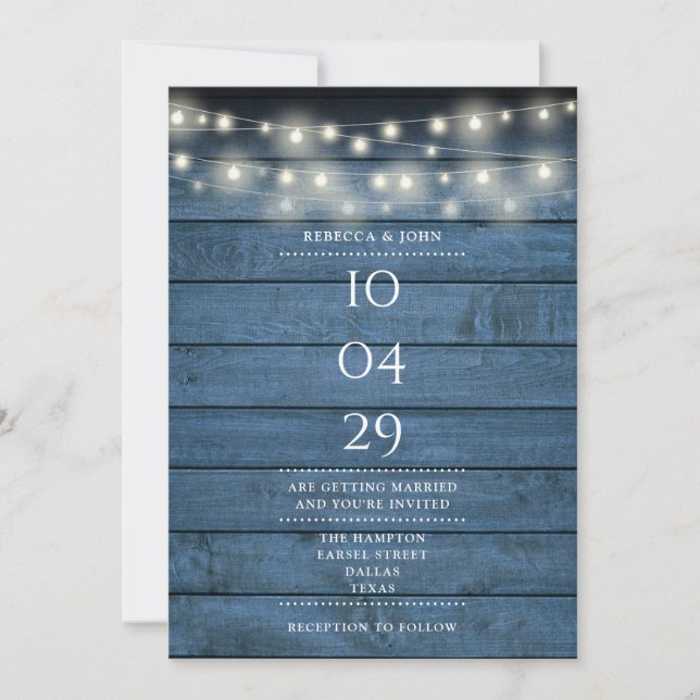 Invitación Blue Rustic Wood String Lights Boda Date (Anverso)
