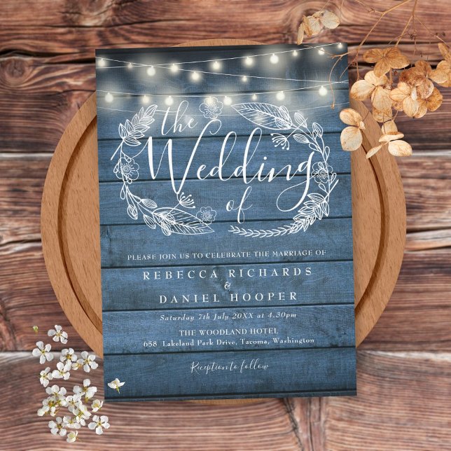 Invitación Blue Rustic Wood String Lights Boda de guiones (Subido por el creador)