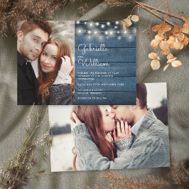 Invitación Blue Rustic Wood String Lights Fotos Boda