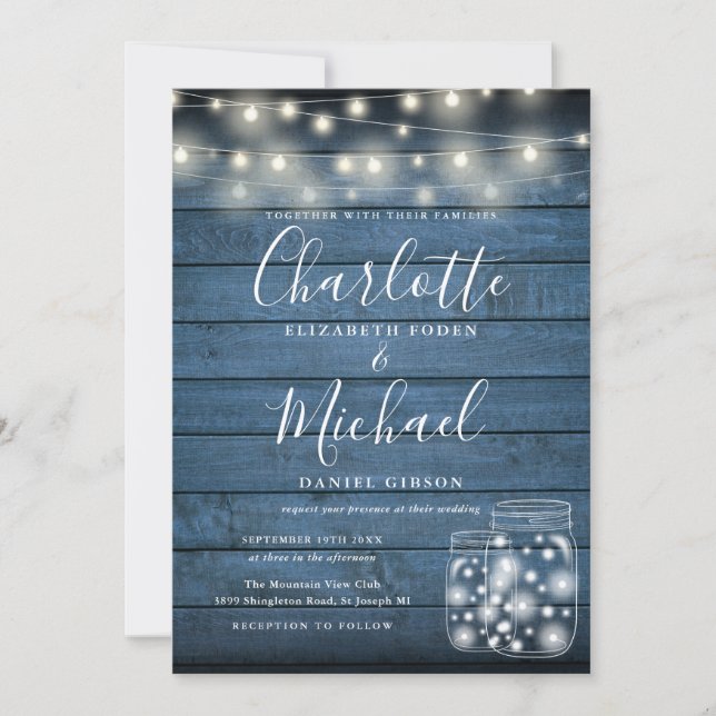 Invitación Blue Rustic Wood String Lights Mason Jars Boda (Anverso)