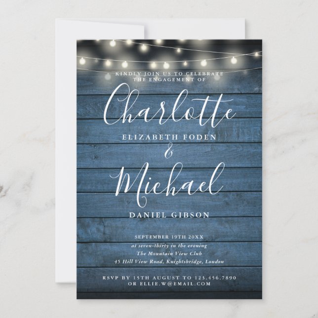 Invitación Blue Rustic Wood String Lights Script Engagement (Anverso)