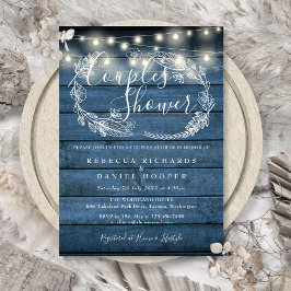 Invitación Blue Rustic Wood String Luces Ducha Parejas
