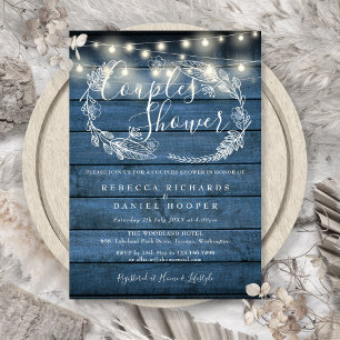 Invitación Blue Rustic Wood String Luces Ducha Parejas
