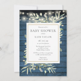 Invitación Blue Rustic Wood String Luces Foliage Baby Shower