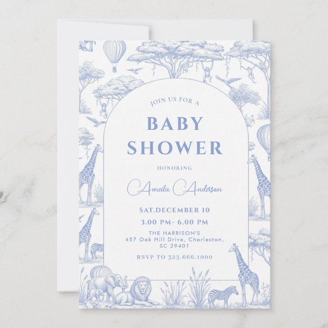 Invitación blue Safari Toile De Jouy Boy Baby Shower  (Anverso)