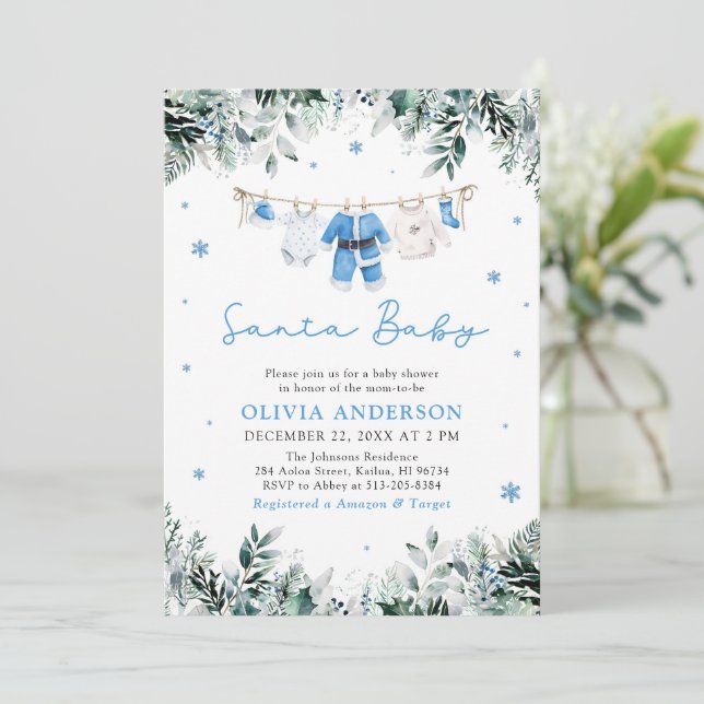Invitación Blue Santa Baby Navidades Clothesline Baby Shower (Anverso de pie)