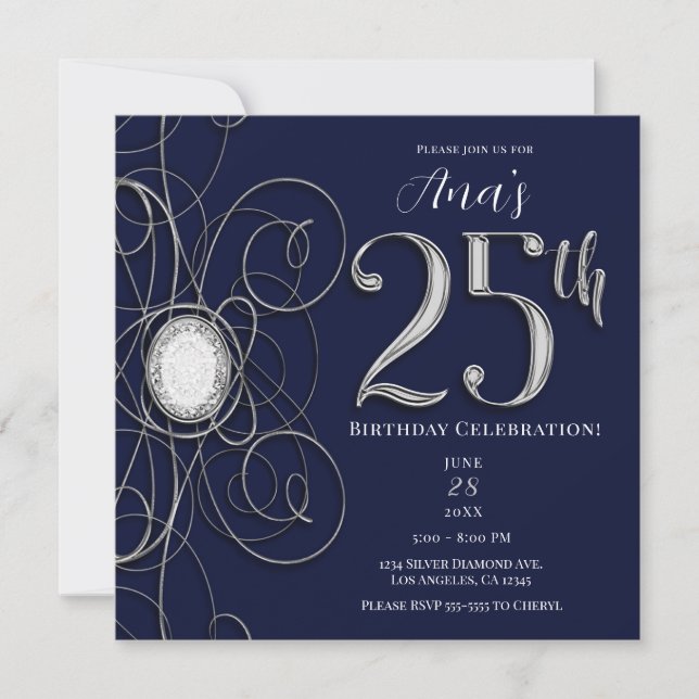 Invitación Blue Sapphire & Silver Diamond 25 25th Birthday (Anverso)