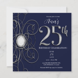 Invitación Blue Sapphire & Silver Diamond 25 25th Birthday