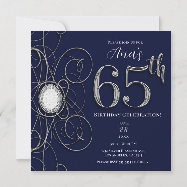 Invitación Blue Sapphire & Silver Diamond 65 65th Birthday (Anverso)
