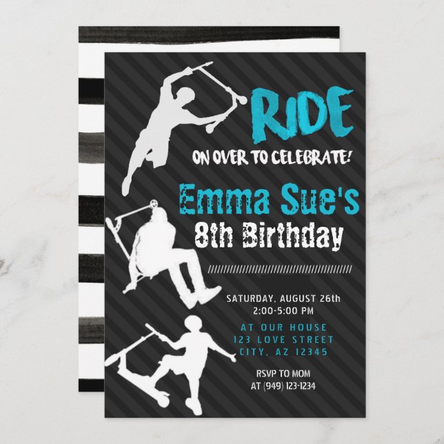 Invitación Blue Scooter Skate Park Fiesta Cumpleaños (Anverso / Reverso)