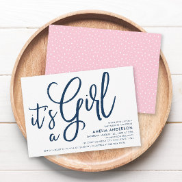 Invitación Blue Script and Pink It's a Chica Baby Shower