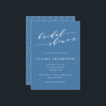 Invitación Blue Script Floral Bold Romantic Bridal Shower<br><div class="desc">This bridal shower invitation features a rich French blue background with a large flowing white script headline and clean mixed typography for all event details. The reverse side displays a delicate wildflower and tulip line art pattern in soft white, adding a botanical touch to the finished piece. A romantic and...</div>