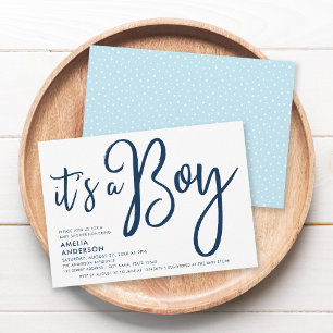 Invitación Blue Script & Pastel Blue It's a Boy Baby Shower
