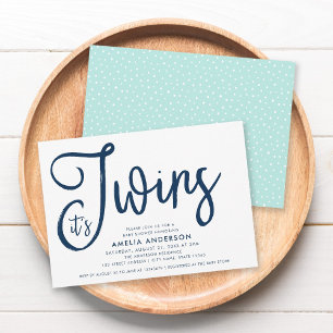 Invitación Blue Script & Pastel Mint It's Twins Baby Shower