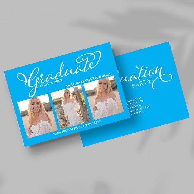 Invitación Blue Script Photo Collage Graduation Announcement (Front view of blue script photo collage graduation announcement with three senior portraits.)