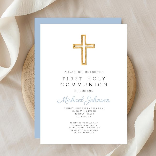 Invitación Blue Script Religious Cross Boy First Communion (Blue Script Religious Cross Boy First Communion Invitation)