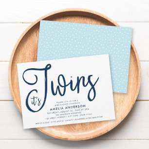Invitación Blue Script y Pastel Blue It's Twins Baby Shower