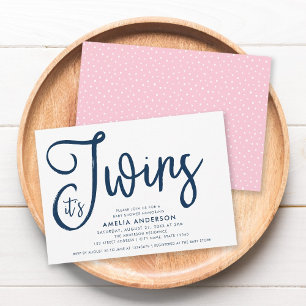 Invitación Blue Script y Pink It's Twins Baby Shower