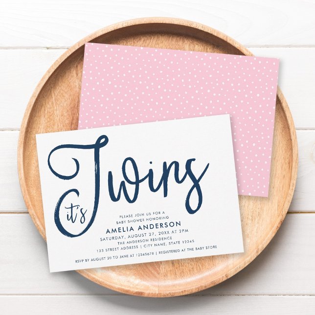 Invitación Blue Script y Pink It's Twins Baby Shower (Subido por el creador)