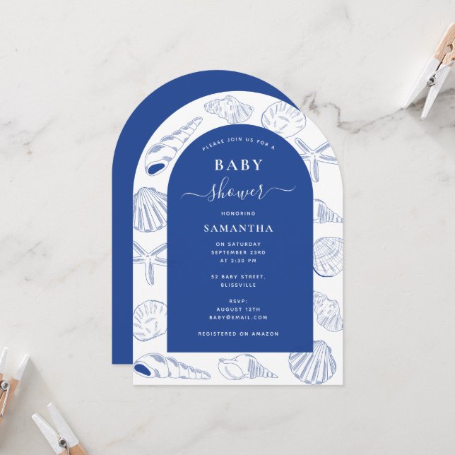 Invitación Blue Sea Shells Beach Summer Arch Baby Shower (Anverso/Reverso In Situ)