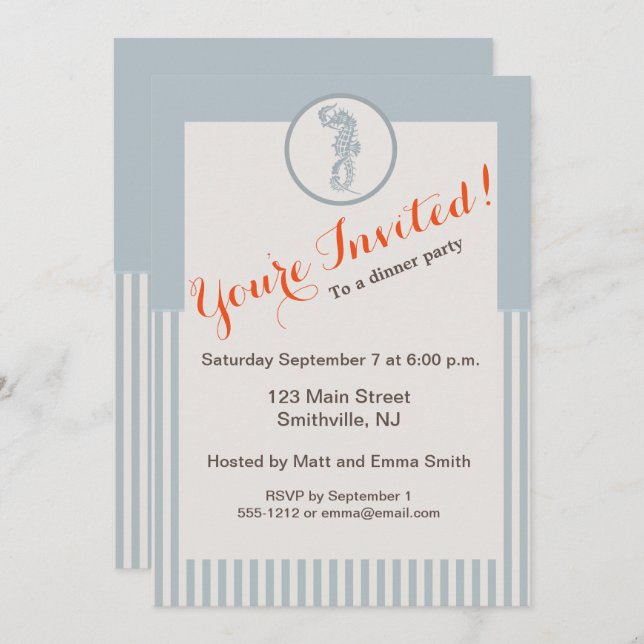 Invitación Blue Seahorse Blue Classic Nautical Elegant (Anverso / Reverso)