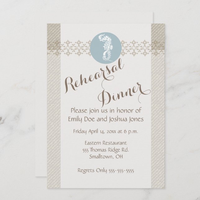 Invitación Blue Seahorse Blue Classic Nautical Elegant (Anverso / Reverso)