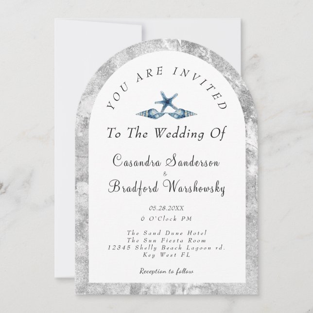 Invitación Blue Seashell Silver Gray Watercolor Beach Wedding (Anverso)