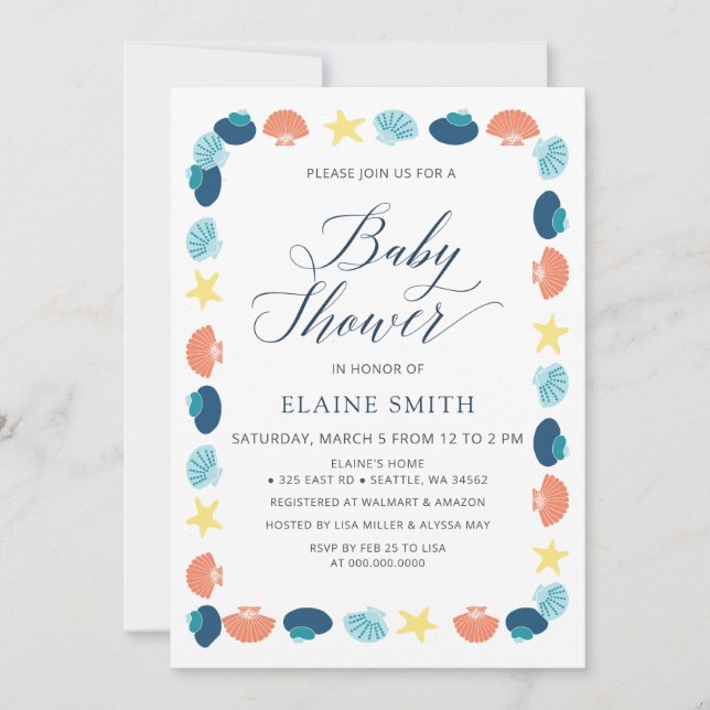 Invitación Blue Seashells Ocean Sea Beach Baby Shower (Anverso)