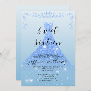 Invitación Blue Sequin Ball Gown & Swirls Sweet 16 Cumpleaños