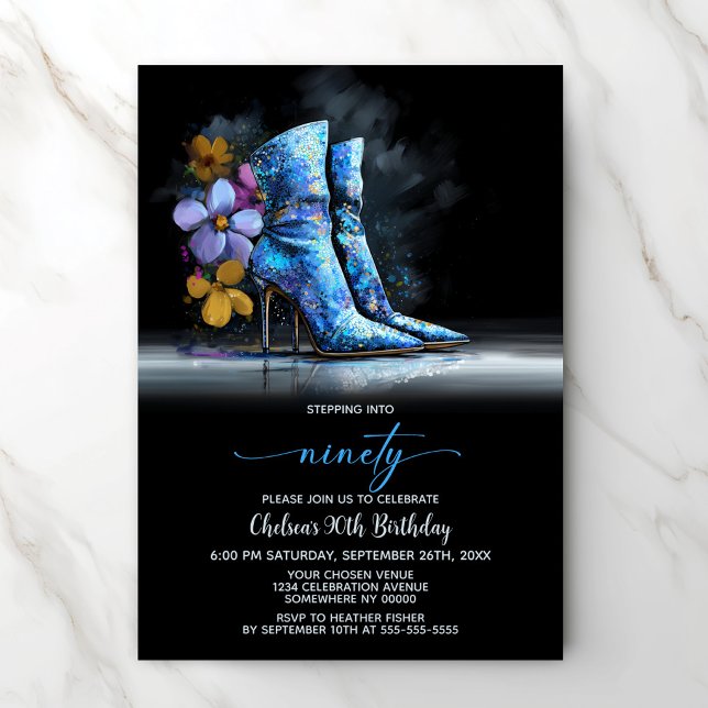 Invitación Blue Sequin Boots 90th Birthday Party (Subido por el creador)