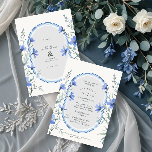 Invitación Blue Shades Cherish Botanical Wildflowers Branches (Delicate Blue Shades Cherish Botanical Wildflowers Branches Wedding Invitations. )
