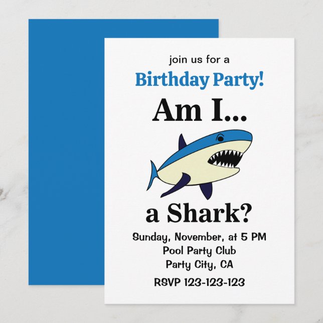 Invitación Blue Shark Funny Birthday Party (Anverso / Reverso)