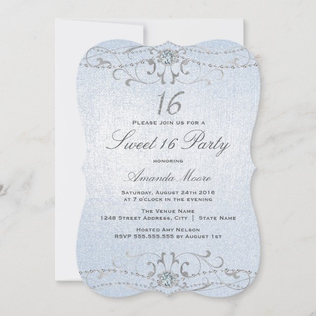 Invitación Blue Shimmer Diamond Damask Sweet 16 (Anverso)