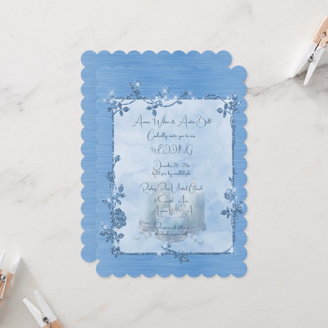 Invitación Blue Shiny Elegant Sparkly Frame Wedding (Anverso/Reverso In Situ)