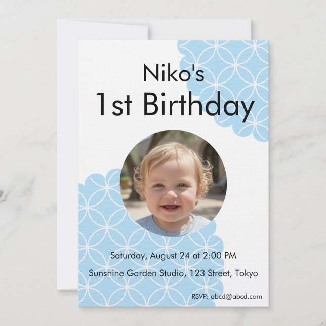 Invitación Blue Shippo 1st Birthday Photo Invitation 招待状 (Anverso)