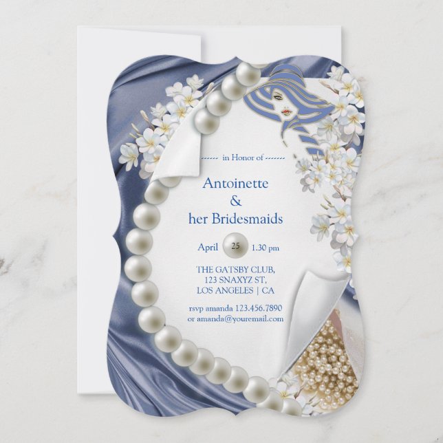 Invitación Blue Silk & Ivory Pearls Bridal Party (Anverso)