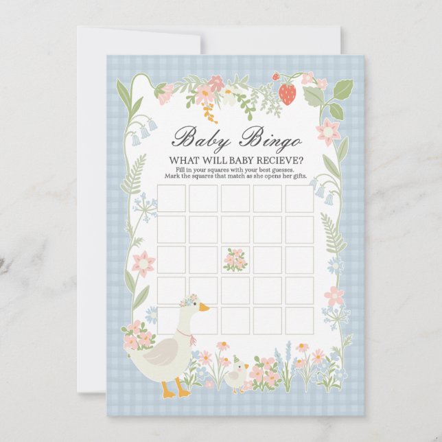 Invitación Blue Silly Goose Floral Gingham Baby Bingo (Anverso)