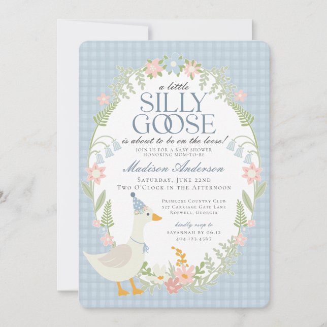 Invitación Blue Silly Goose Floral Gingham Baby Shower (Anverso)