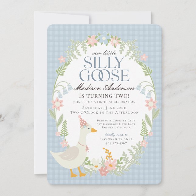 Invitación Blue Silly Goose Floral Gingham Birthday Party (Anverso)