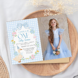 Invitación Blue Silly Goose Floral Gingham Primer Cumpleaños