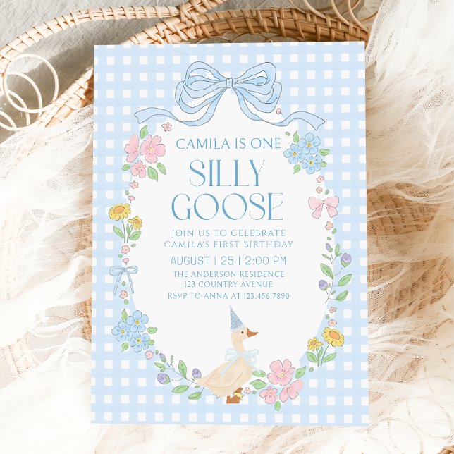 Invitación Blue Silly Goose Floral Gingham Primer Cumpleaños (Subido por el creador)
